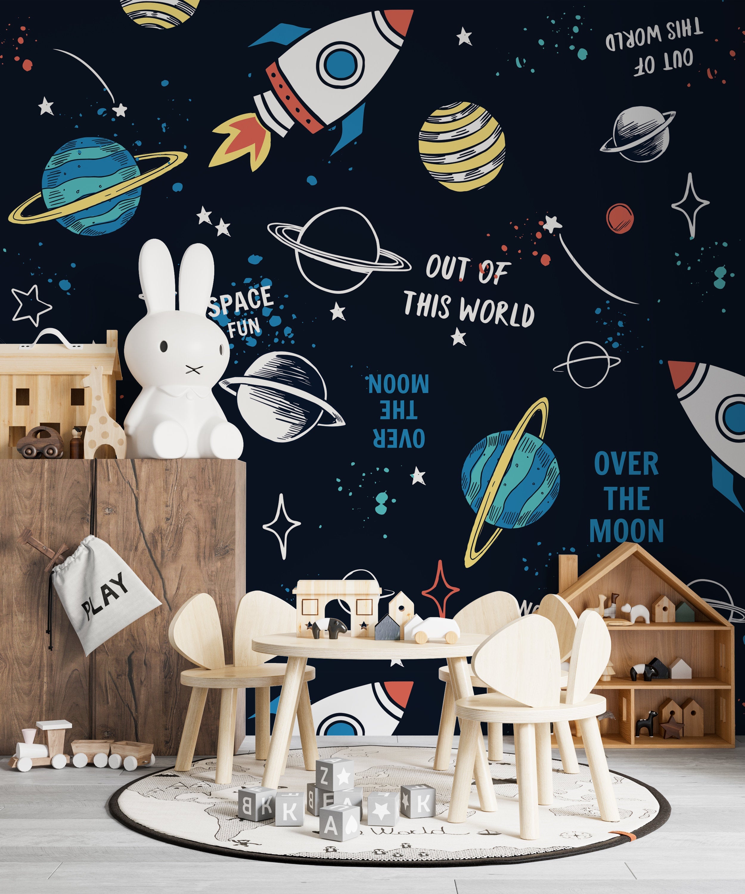 Cartoon Space Rockets Elements Stars Planets Dark Sky Far from the World Wallpaper Self Adhesive Peel and Stick Wall Decoration Removable