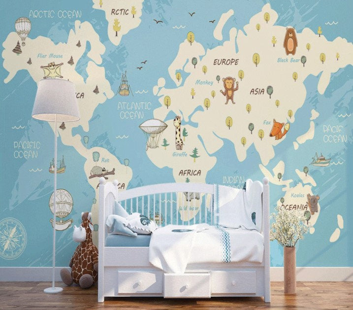 Cut Baby Animals Compass Continents Vivid Color World Map Wallpaper Self Adhesive Peel and Stick Wall Sticker All Scales Removable