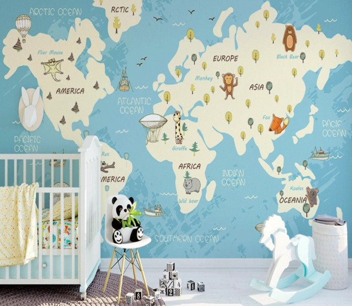Cut Baby Animals Compass Continents Vivid Color World Map Wallpaper Self Adhesive Peel and Stick Wall Sticker All Scales Removable