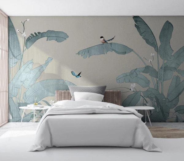 Soft Color Banana Palm Leaves Birds Wallpaper Self Adhesive Peel and Stick Wall Sticker Home Decoration Scandinavian Design Removable