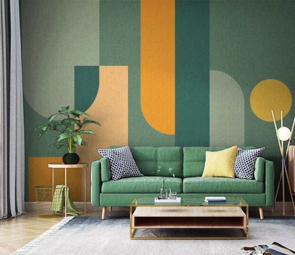 Green Orange Geometric Shapes Wallpaper Self Adhesive Peel & Stick Wall Sticker Home Decoration Minimalistic Scandinavian Design Removable