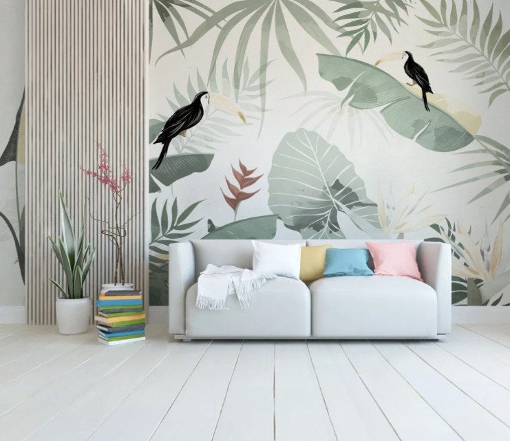 Big Green Toucan Leaves Wallpaper Self Adhesive Peel & Stick Wall Sticker All Scales Minimalistic Scandinavian Design Removable