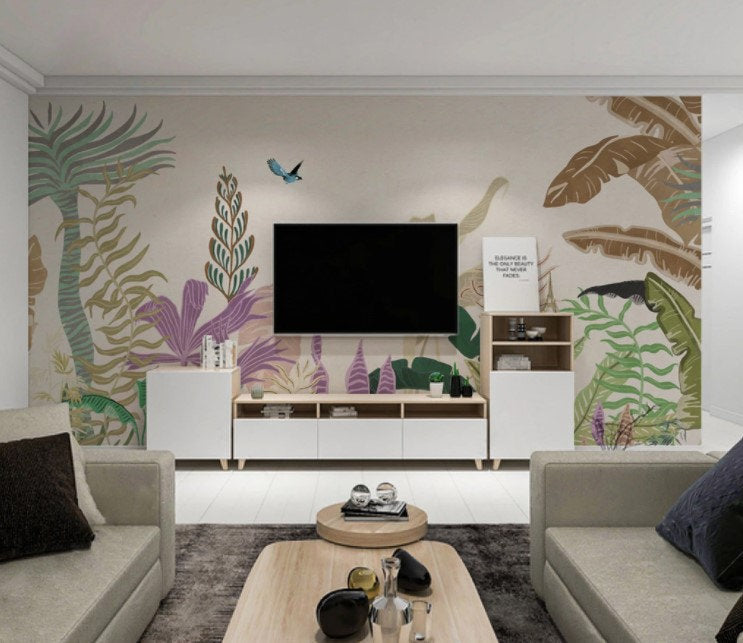 Colorful Tropical Jungle Leaves Wallpaper Self Adhesive Peel & Stick Wall Sticker All Scales Minimalistic Scandinavian Design Removable