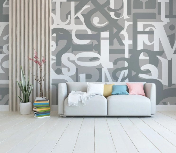 Big Random White and Gray Letters Background Wallpaper Self Adhesive Peel and Stick Wall Sticker Home Decoration Removable