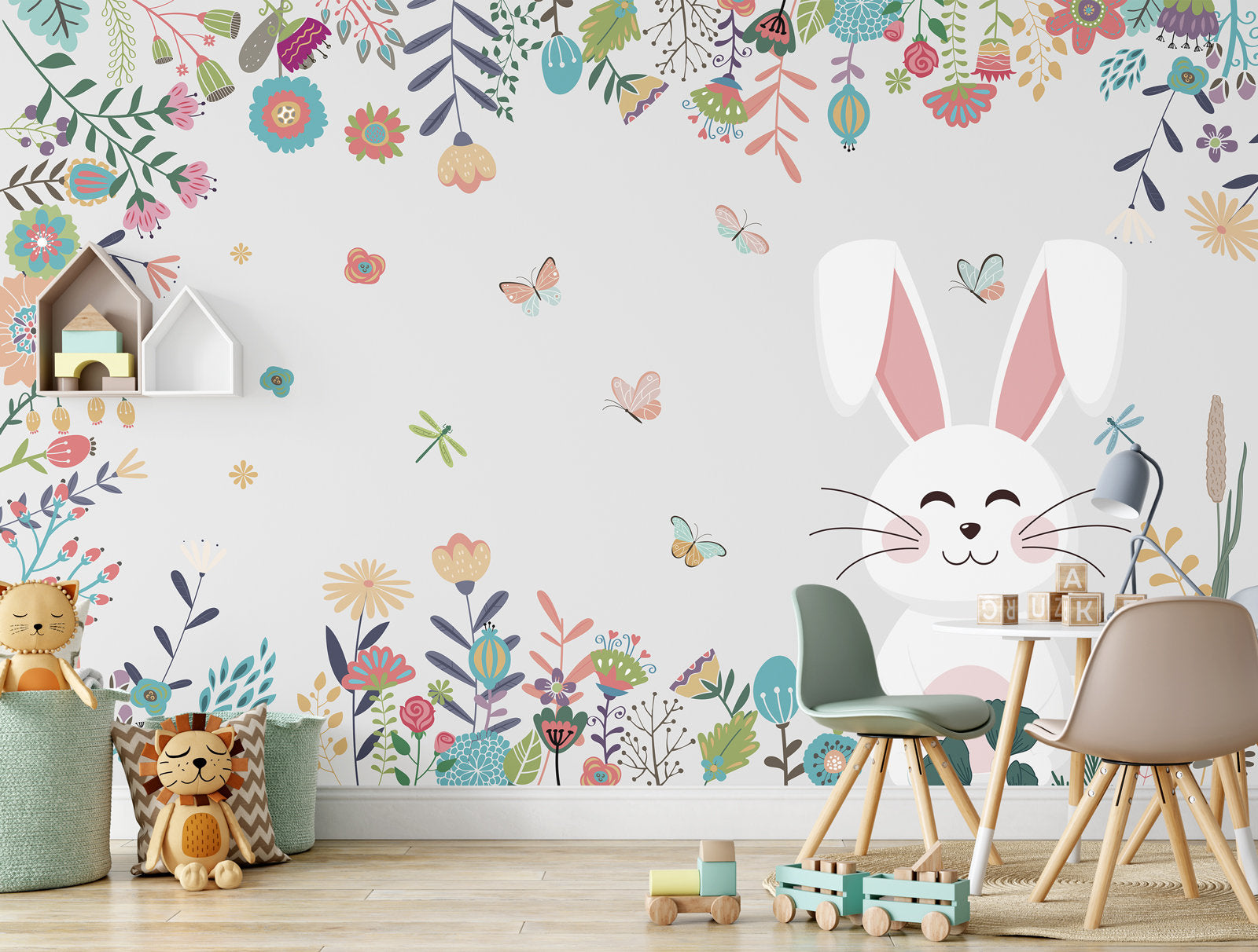 Cute Rabbit Colorful Garden Flowers Kids Room Nursery Wallpaper Self Adhesive Peel and Stick Wall Sticker All Scales Removable
