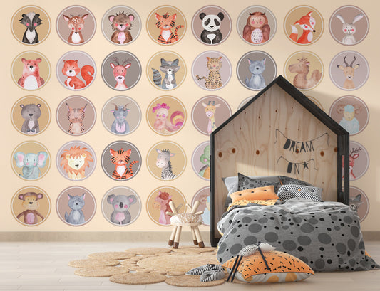 Cute Baby Animals in Circles Kids Room Nursery Wallpaper Self Adhesive Peel and Stick Wall Sticker All Scales Removable