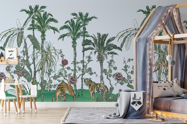 Tropical Trees Wildlife Tiger in Wildlife in Jungle Floral Botanicals Banana Leaves Wallpaper Self Adhesive Peel & Stick Wall Sticker