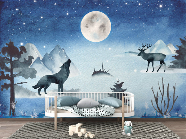 Howling Wolf Fullmoon Winter  Deer Midnight Wallpaper Self Adhesive Peel & Stick Wall Sticker Wall Decoration  Scandinavian Design Removable