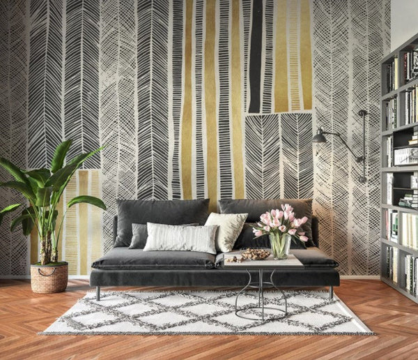 Gold Black and White Lines Geometric Shapes Modern Wallpaper Self Adhesive Peel and Stick Wall Sticker Quality Paper Scandinavian Removable