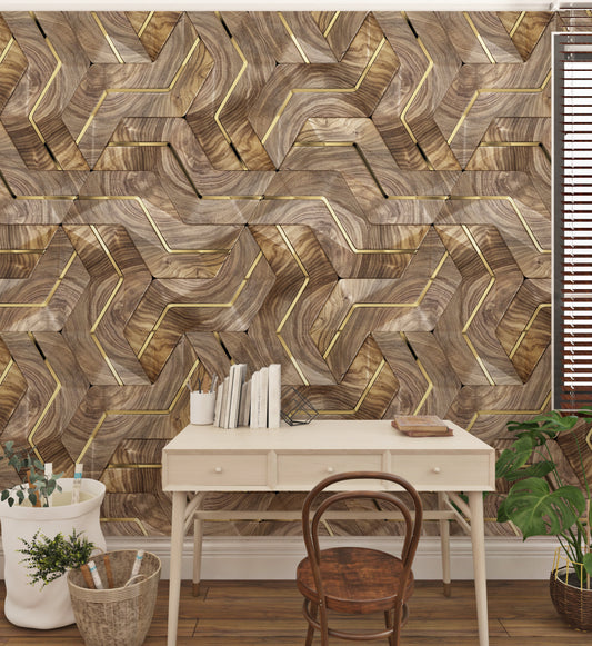 Walnut Wood Design Gold Decor Geometric Background Wallpaper Self Adhesive Peel and Stick Wall Sticker Wall Decoration Removable