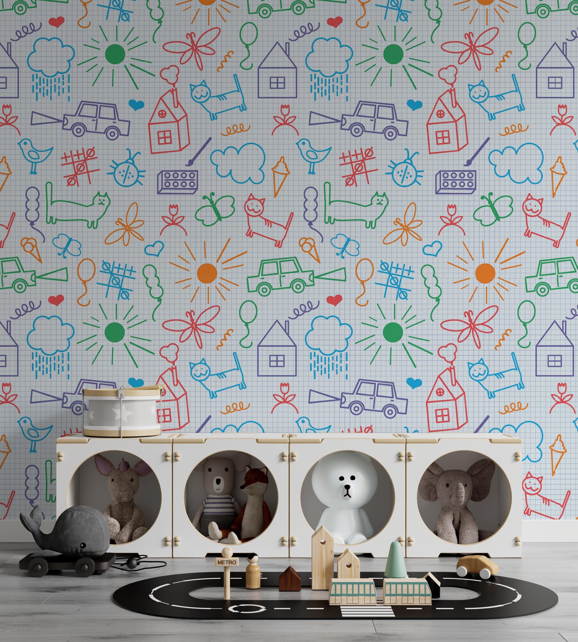 Sketch Drawings Cat Flowers Snail House Butterfly Car Triangle Wallpaper Self Adhesive Peel and Stick Wall Decoration Removable