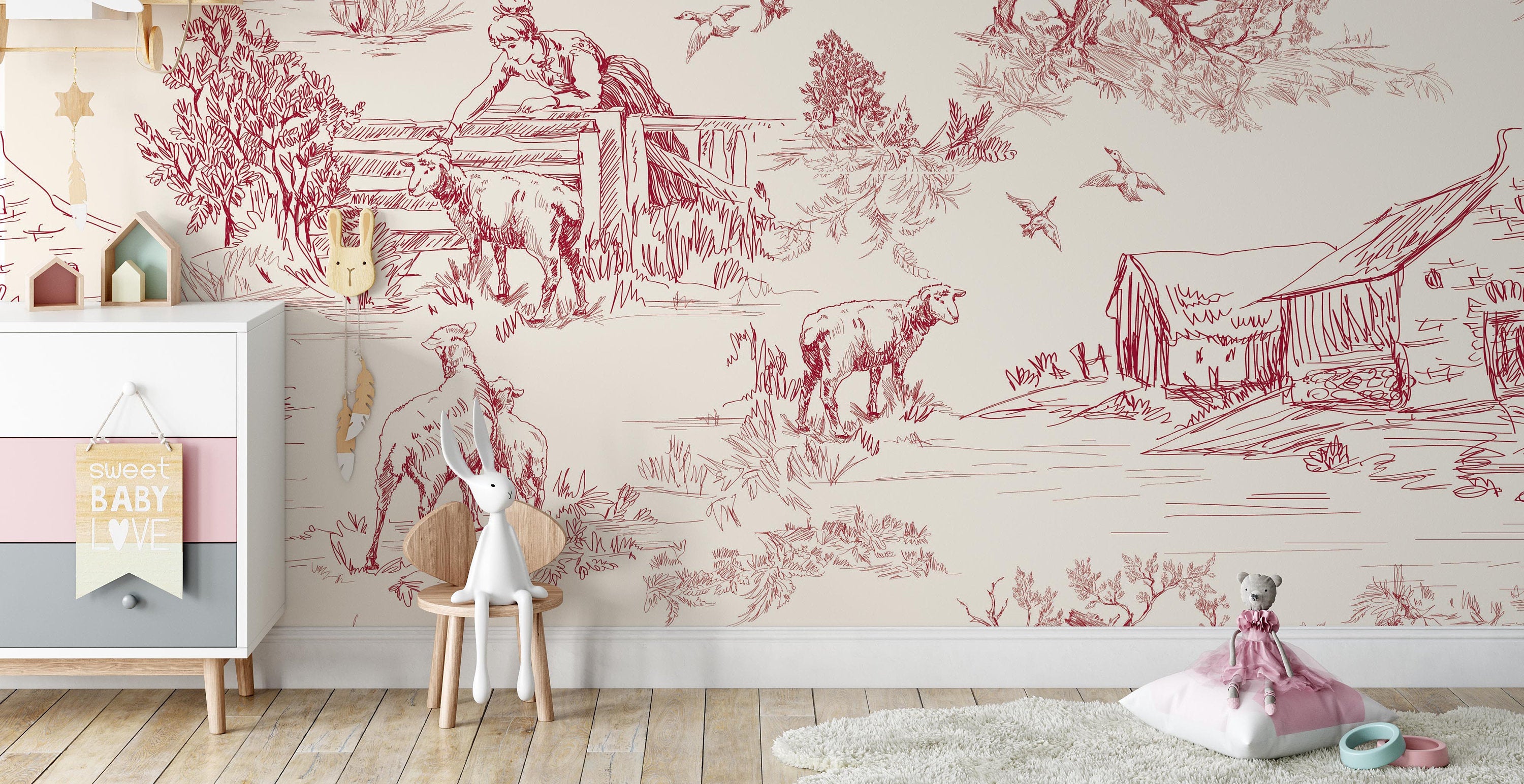 Pattern Scenes of Countryside Life with House Sheeps People Trees in Red Wallpaper Self Adhesive Peel and Stick Wall Decoration Removable
