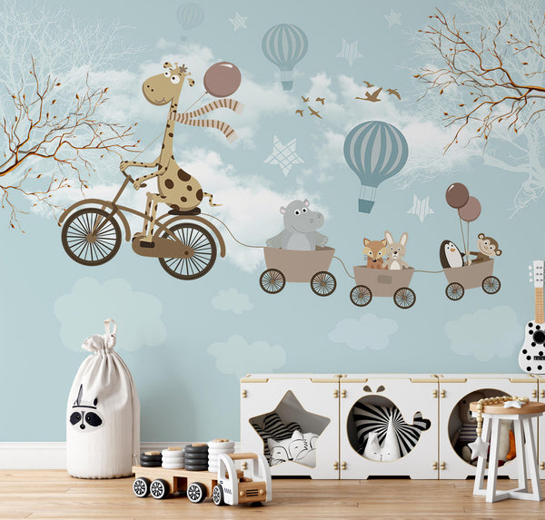 Light Blue Sky Big Giraffe on Bicycle with Cute Animals Fox Rabbit Penguin Wallpaper Self Adhesive Peel & Stick Wall Decoration Removable