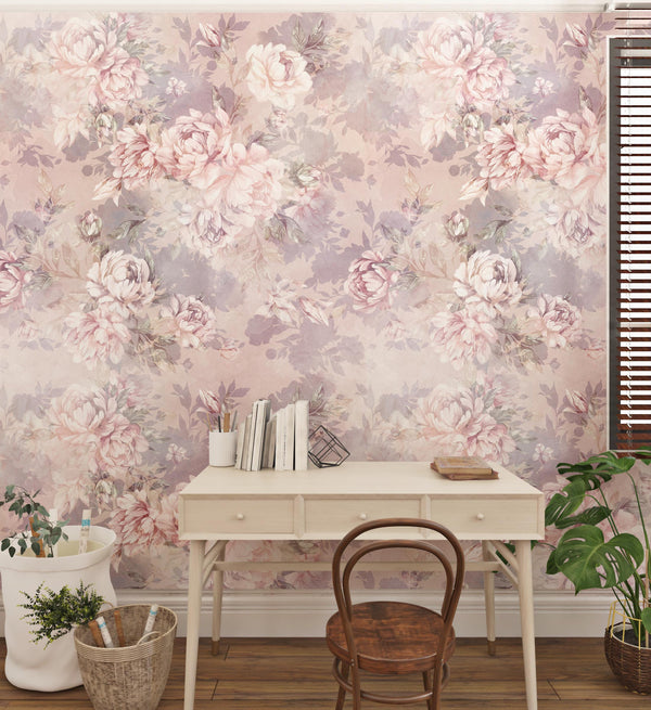 Peony Flowers and Leaves Background with Hand Drawn Watercolor Wallpaper Self Adhesive Peel and Stick Wall Decoration Design Removable
