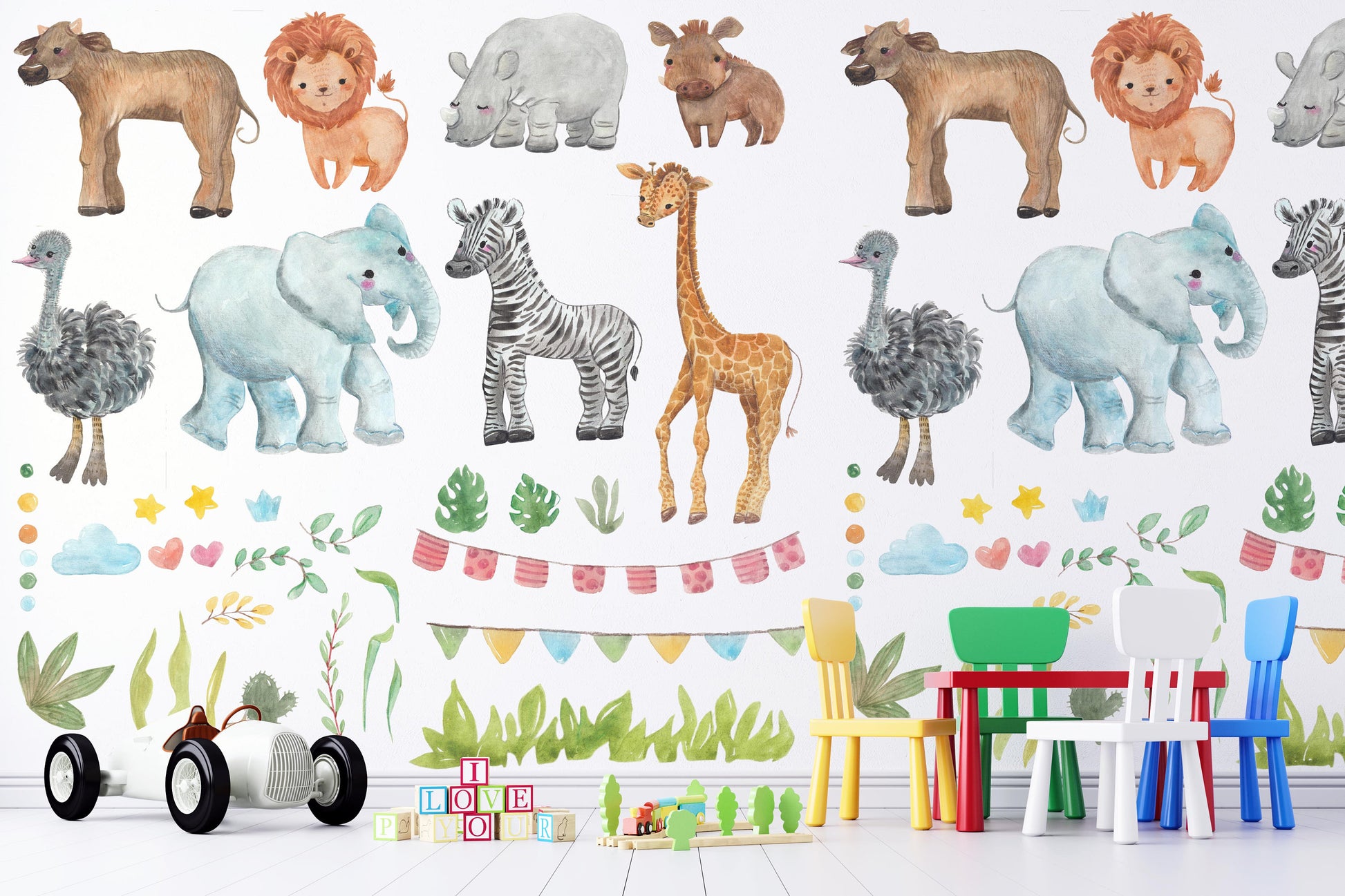 Safari Giraffe Rhino Zebra Lion Warthog Ostrich Buffalo Elephant Cute Animals Wallpaper Self Adhesive Peel & Stick Wall Decoration Removable