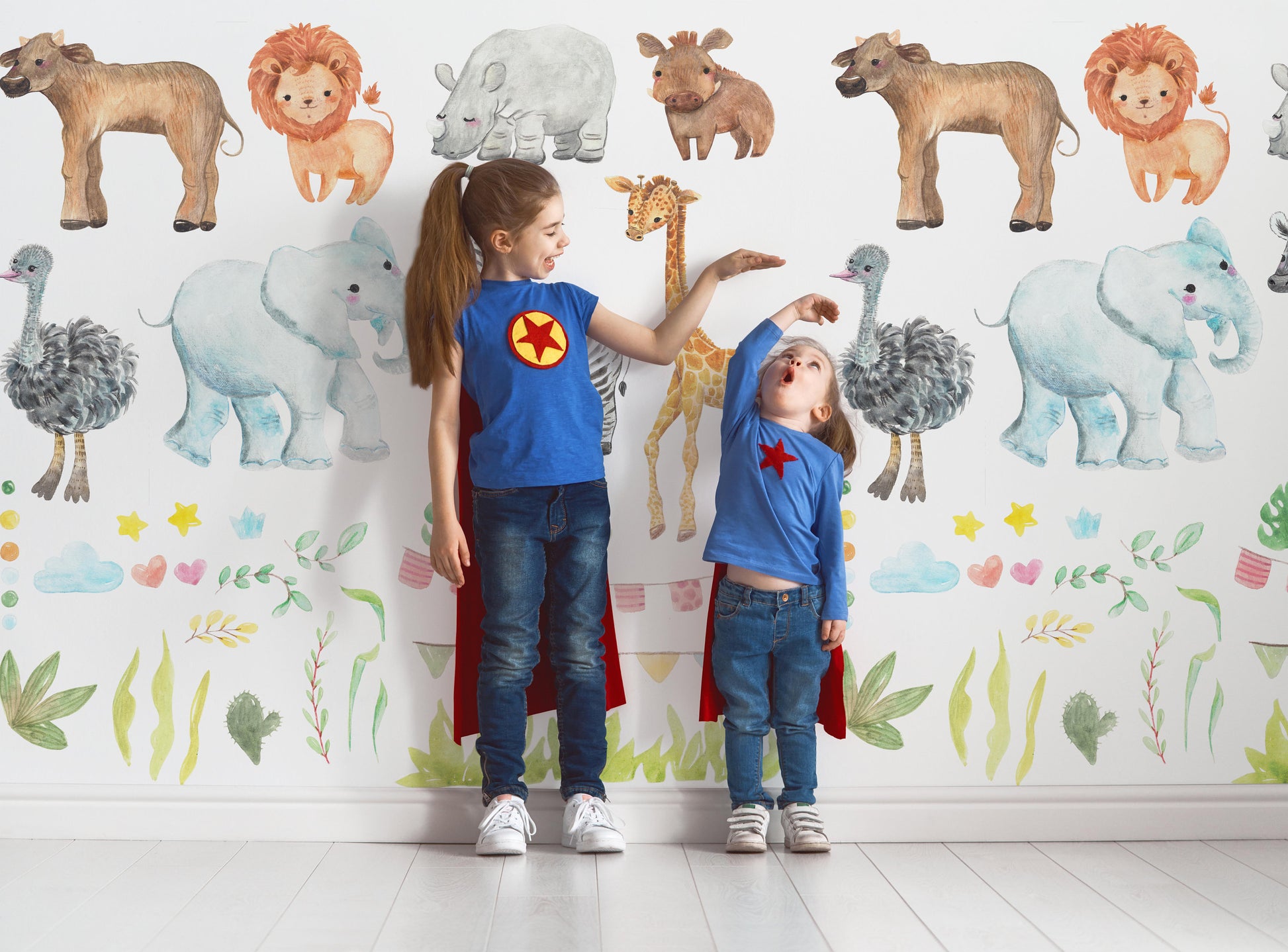 Safari Giraffe Rhino Zebra Lion Warthog Ostrich Buffalo Elephant Cute Animals Wallpaper Self Adhesive Peel & Stick Wall Decoration Removable