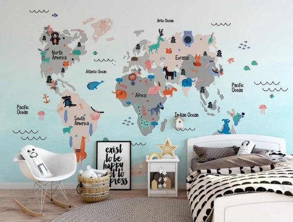 Hand Draw Line Waves Land and Sea Animals Continents Funny World Map Wallpaper Self Adhesive Peel & Stick Wall Decoration Removable