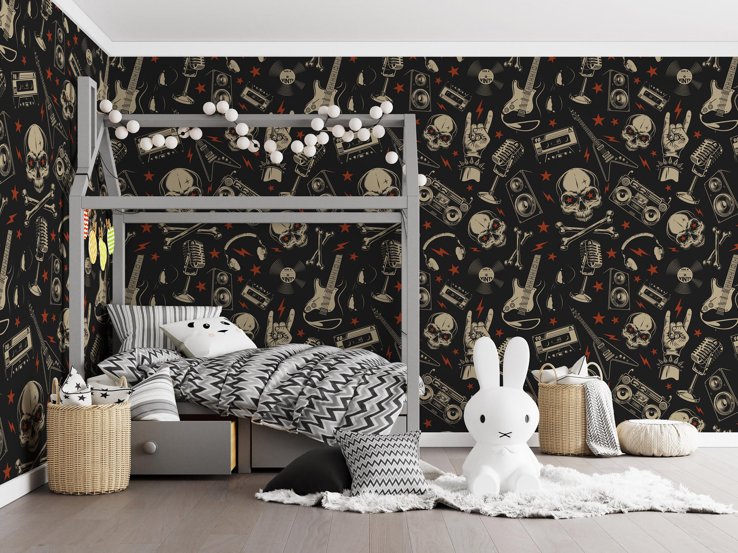 Pattern Skulls Bones Electric Guitar Rock&#39;n Roll Red Stars Wallpaper Self Adhesive Peel and Stick Wall Decoration Design Removable
