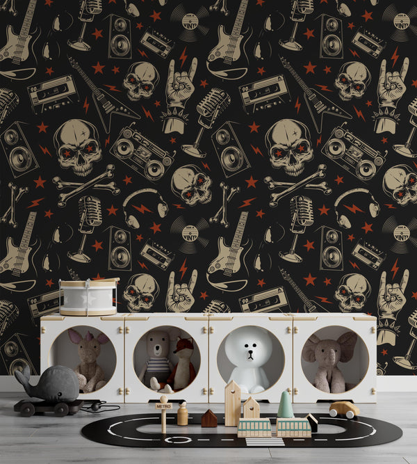 Pattern Skulls Bones Electric Guitar Rock&#39;n Roll Red Stars Wallpaper Self Adhesive Peel and Stick Wall Decoration Design Removable