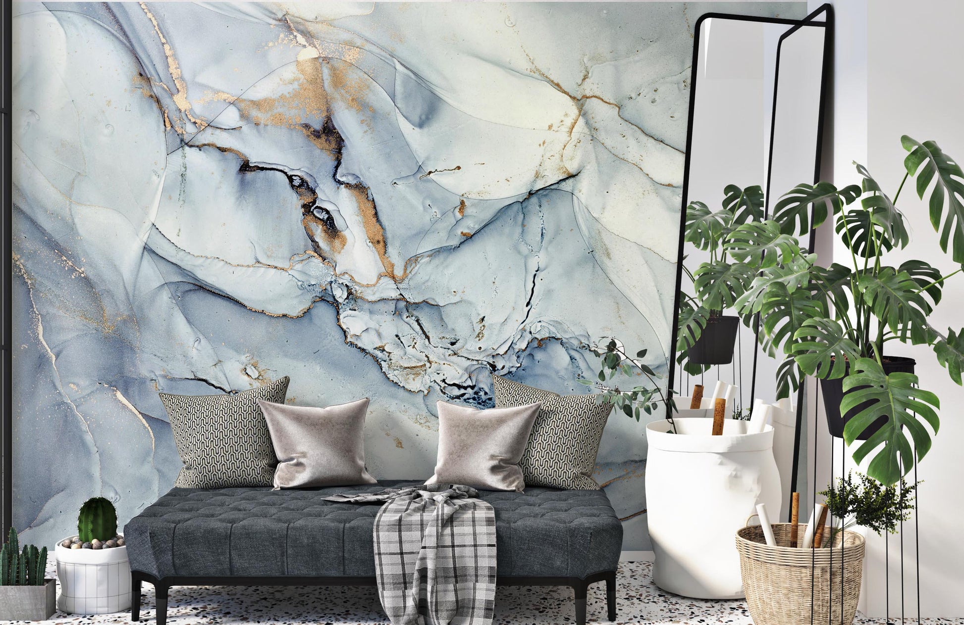 Abstract Tsunami Water Blue and Gray Color Gold Veins Wallpaper Self Adhesive Peel & Stick Wall Sticker Wall Decoration Removable