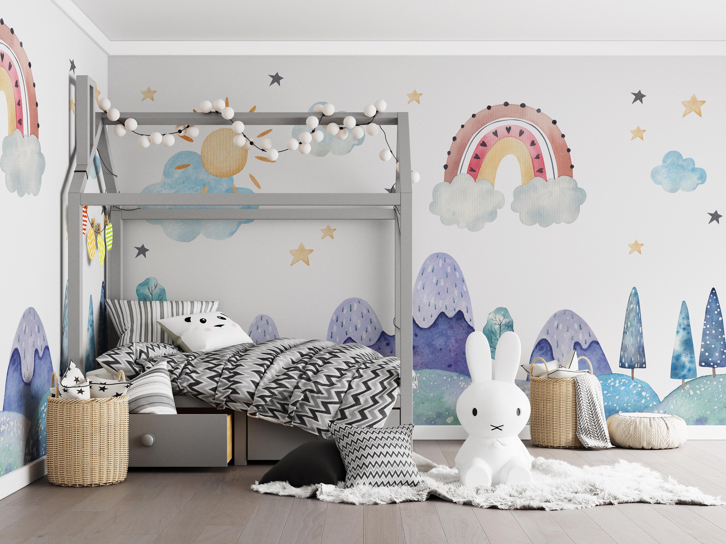 Rainbow on Rain Clouds Stars Mountains Trees Funny Wallpaper Self Adhesive Peel & Stick Wall Decoration Design Removable