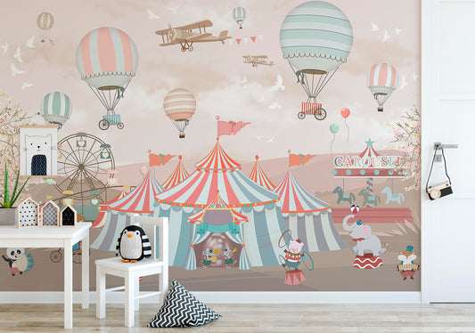 Kids Amusement Park City Circus Animals Hot Air Balloons Funny Wallpaper Self Adhesive Peel & Stick Wall Decoration Design Removable