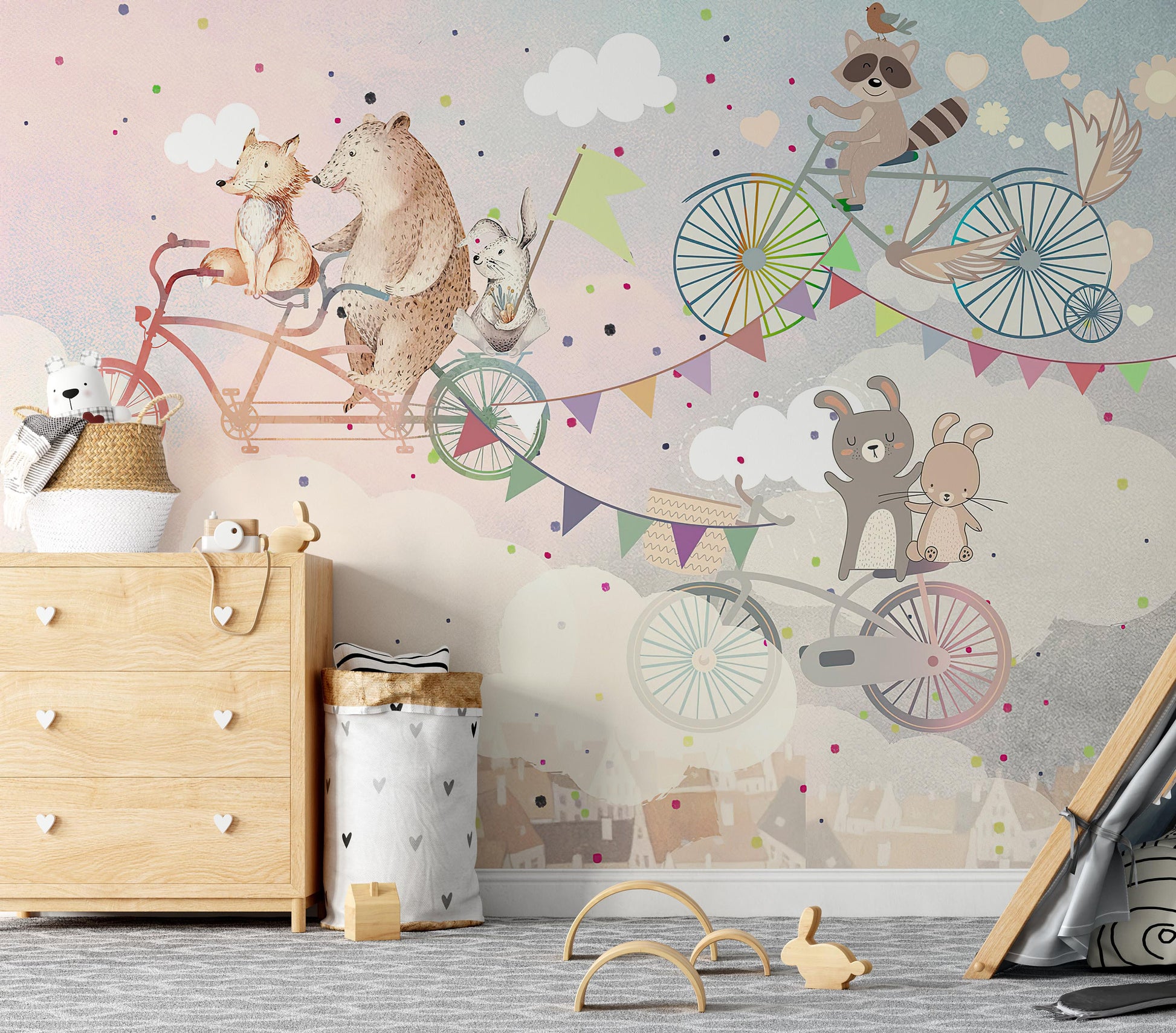 Bear and Fox on the Bicycle in the Sky Rabbits Houses Hearts Wallpaper Self Adhesive Peel & Stick Wall Decoration Design Removable