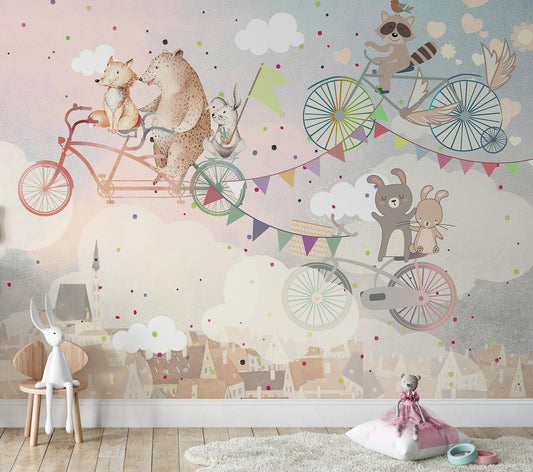 Bear and Fox on the Bicycle in the Sky Rabbits Houses Hearts Wallpaper Self Adhesive Peel & Stick Wall Decoration Design Removable