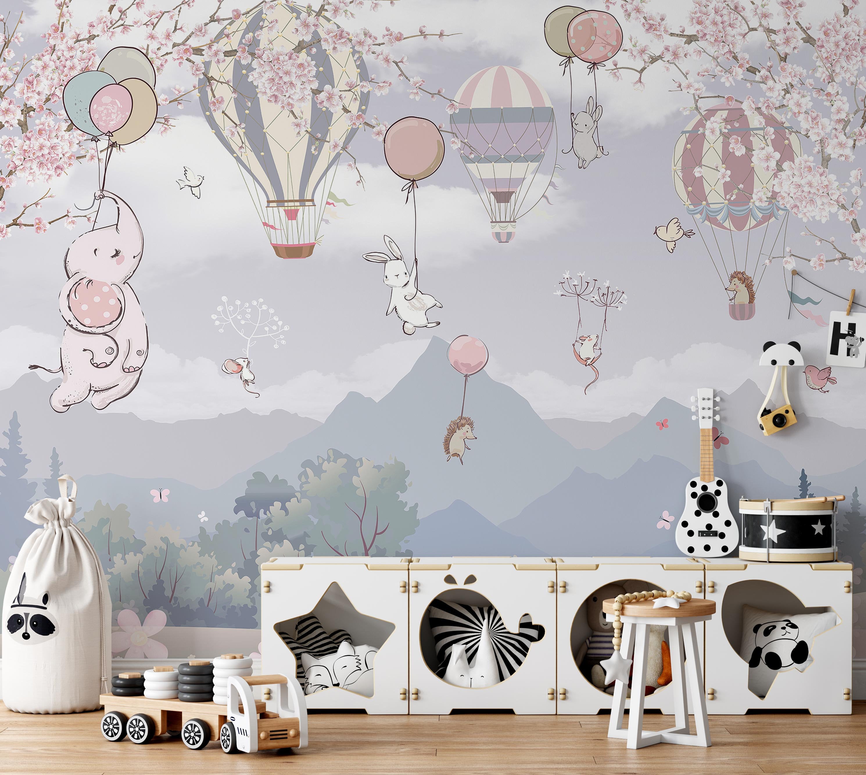 Big Elephant Mouse Rabbit Hedgehog Animals Free on Sky Pink White Flowers  Wallpaper Self Adhesive Peel & Stick Wall Decoration Design