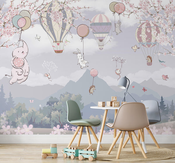 Big Elephant Mouse Rabbit Hedgehog Animals Free on Sky Pink White Flowers  Wallpaper Self Adhesive Peel & Stick Wall Decoration Design