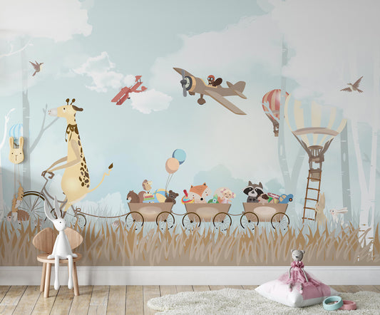 Big Giraffe on Bicycle Skunk Birds Fox Bear Hedgehog Mouse Air Balloons Animals Wallpaper Self Adhesive Peel & Stick Wall Decoration Design